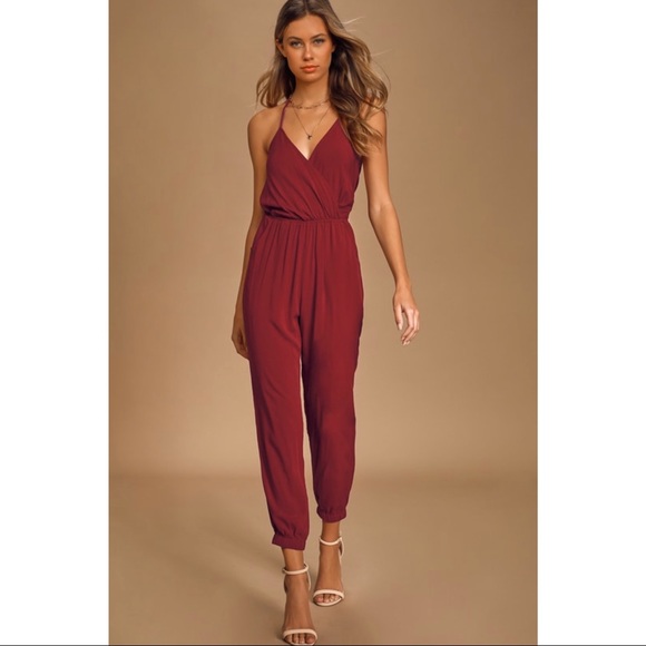 Lulus Pants - Lulu’s Learning to Fly Burgundy Halter Jumpsuit